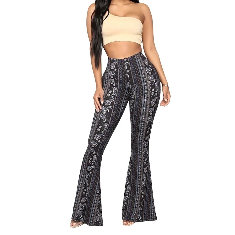 Y2k Women’s Blue Boho L High Waisted Flare Pants Festive Multicolor Hippie Gypsy